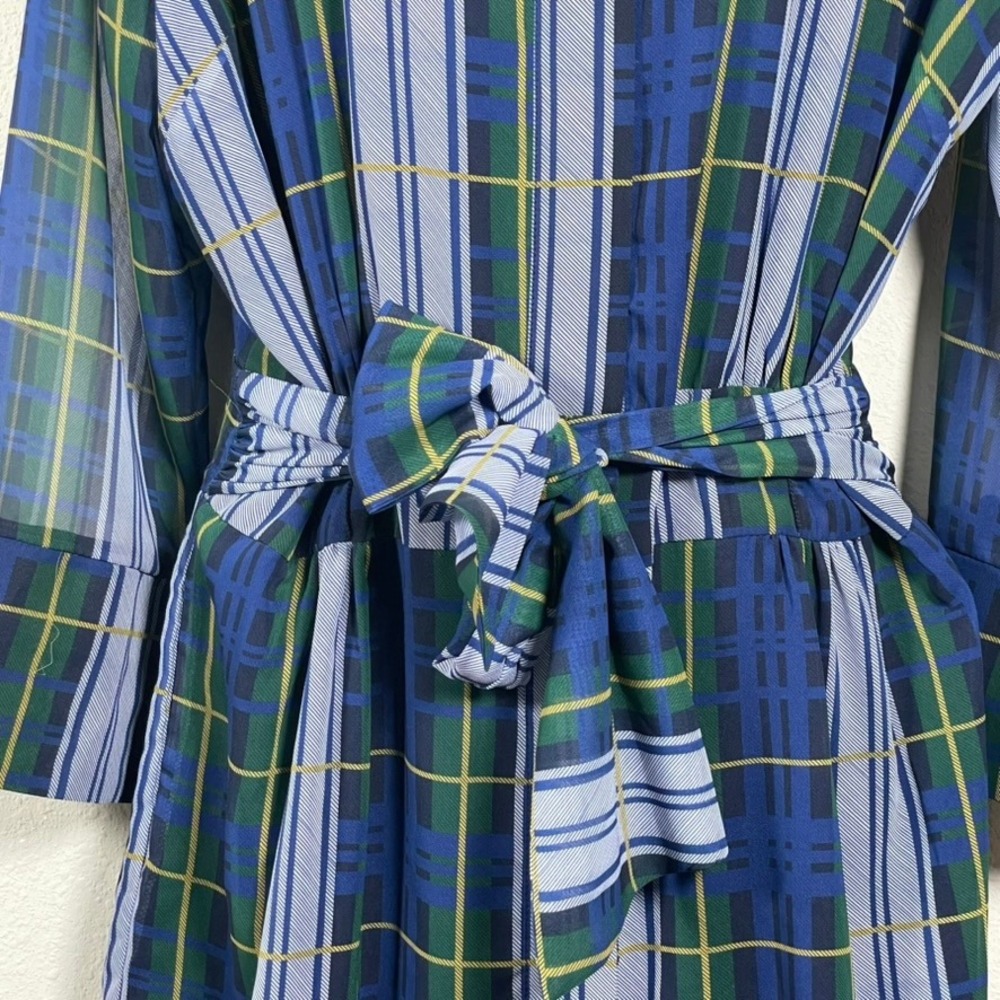 Gretchen Scott Shirt Dress L Blue Green Dark Academia Modest Plaid Belted Pocket - Picture 3 of 12